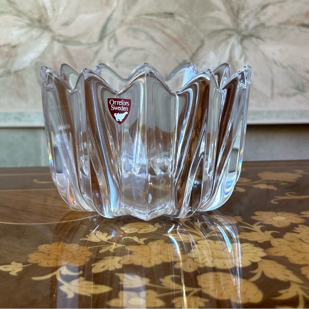 Orrefors Clear Crystal Art Glass Crown Bowl Signed Sweden Scandinavian Vintage